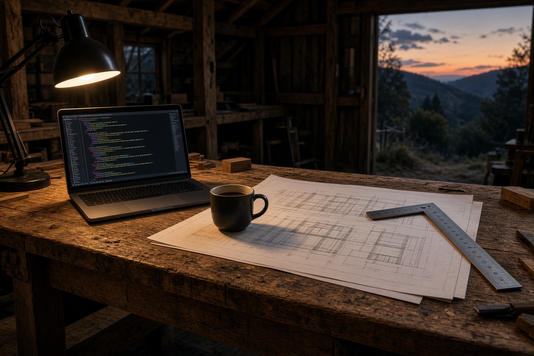 Workbench with drawings, tools, and a laptop